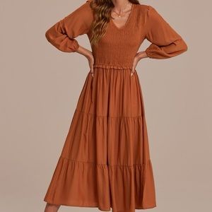 Rust Long Puff Sleeve V Neck Smocked Tiered Midi Dress